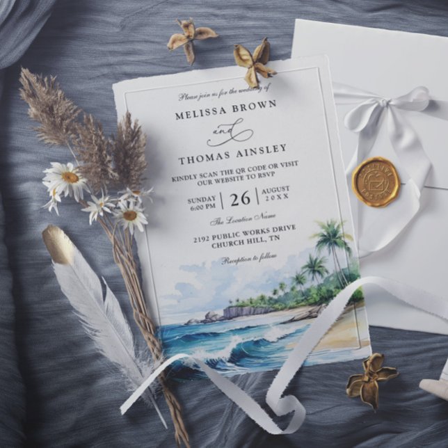 Convite Beach Tropical Elegant Modern QR Code Wedding (Criador carregado)