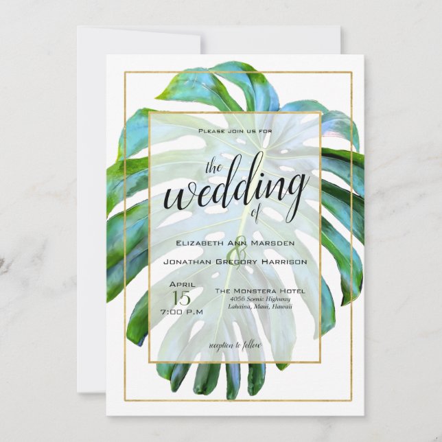 Convite Beach Tropical Hawaii Leaf Photo Greenery Weding (Frente)