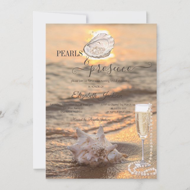 Convite Beach Waves Sunset Seashell Pearls & Prosecco (Frente)