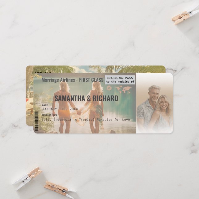 Convite Beach Wedding Boarding Pass Romantic Beach  (Frente/Verso In Situ)