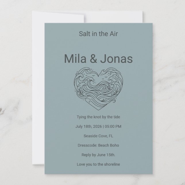 Convite Beach Wedding Invitation Coastal Boho Waves (Frente)