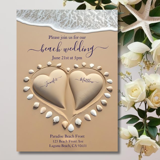 Convite Beach Wedding-Sand Hearts (Beach Wedding-Sand Hearts Invitation )