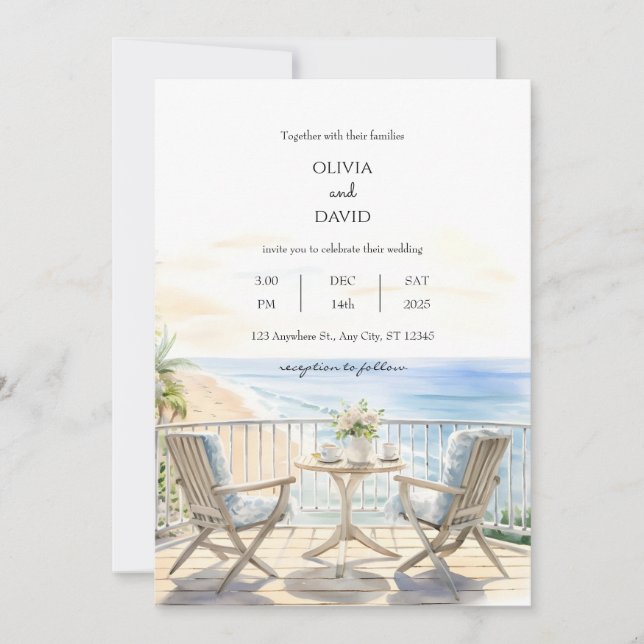 Convite Beachside Resort Balcony Ocean View Beach Weding (Frente)