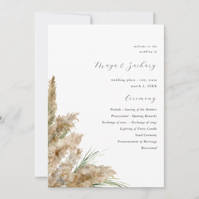 Convite Beachy Boho Pampas Grass Ceremony Program (Frente)