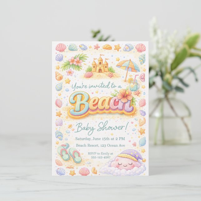 Convite “Beachy Vibes” Baby Shower Invitation (Em pé/Frente)