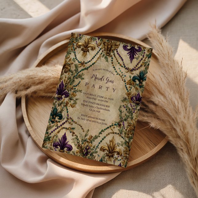 Convite Beaded Fleur-de-Lis Mardi Gras Masquerade (Criador carregado)