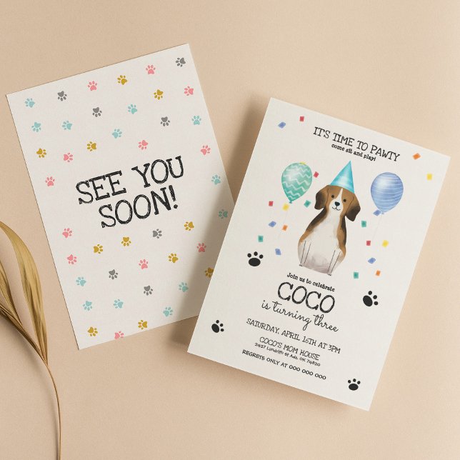 Convite Beagle Deixa Cachorro Pawy Puppy Aniversário Azul (Criador carregado)