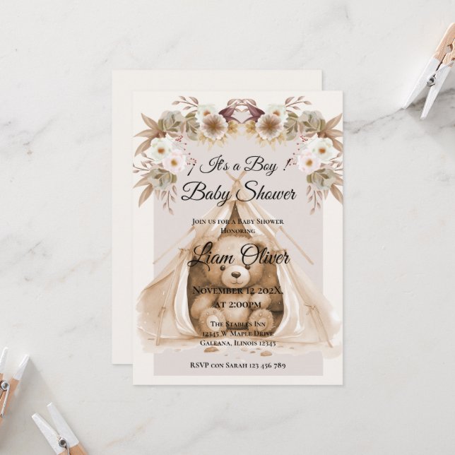 Convite  Bear Baby Shower Boy invitation (Frente/Verso In Situ)