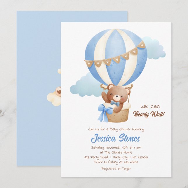 Convite Bear Baby Shower Invices Boy Hot Air Balloons (Frente/Verso)