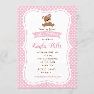 Convite Bear Baby Shower Invices (Rapariga) Bolinhas Rosa