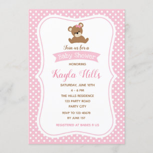 Convite Bear Baby Shower Invitations (Garota) Bolinhas Ros