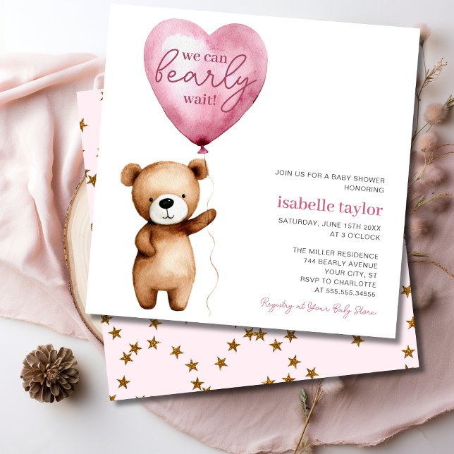 Convite Bear Balão Esperando Chá de Garota (Bear Balloon Bearly Wait Baby Girl Shower Invitation)