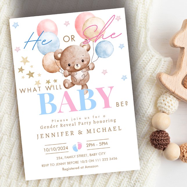 Convite Bear Balão Sexo Revelar Festa Menina ou Menina (Bear Balloon Gender Reveal Party Boy or Girl Invitation)