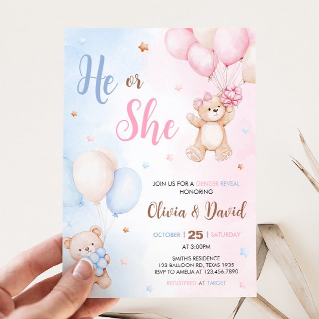 Convite Bear Balloon Gender Reveal  (Bear Balloon He or She Gender Reveal Invitation)