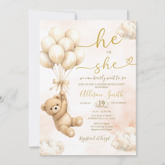 Convite Bear Balloon He or She Gender Reveal Invitation (Frente)