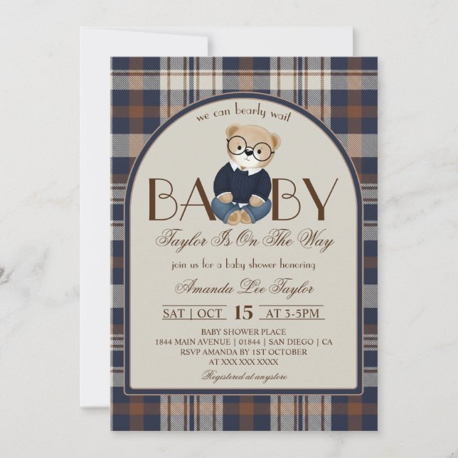 Convite Bear Bearly Wait Luxury Boy Baby Shower (Frente)