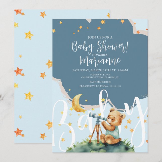 Convite  Bear Boy Stars Baby Shower  Invitation (Frente/Verso)