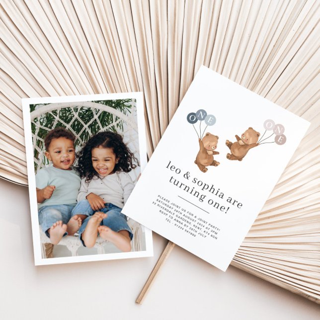 Convite Bear Boy Twins - primeiro aniversario de fotos (Criador carregado)