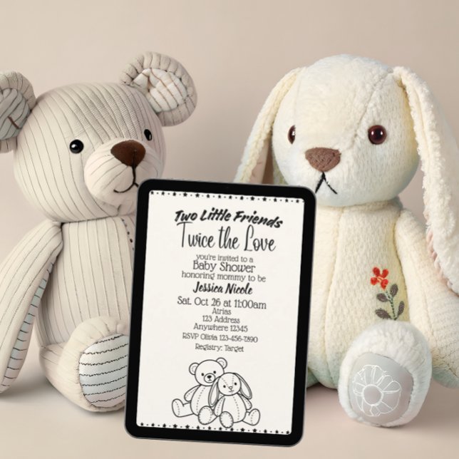 Convite Bear & Bunny Stuffies Twin Baby Shower (Criador carregado)