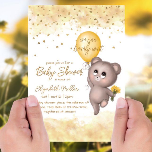 Convite Bear Cub Amarelo Balão Sexo Chá de fraldas Neutro (Criador carregado)