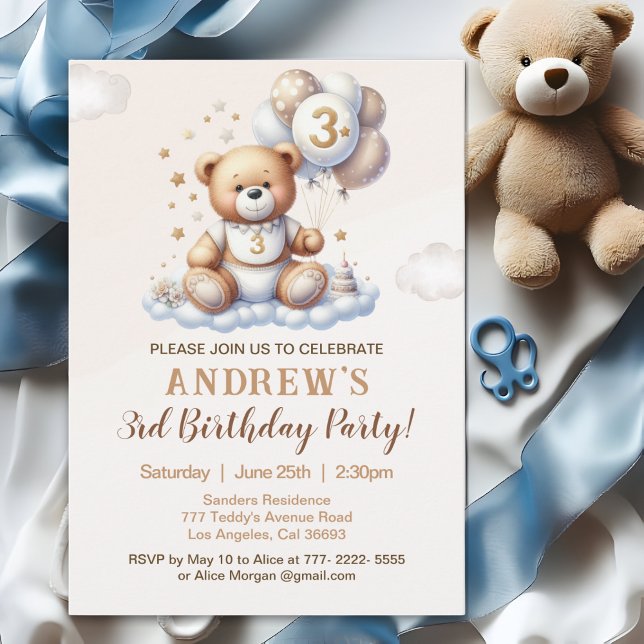 Convite Bear Cute 3rd Birthday Party – Brown Teddy Bear (Criador carregado)