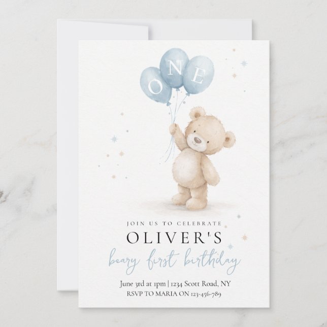 Convite Bear First Birthday Invitation (Frente)