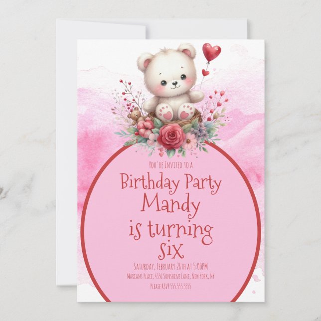 Convite Bear Floral Watercolor Red Birday (Frente)