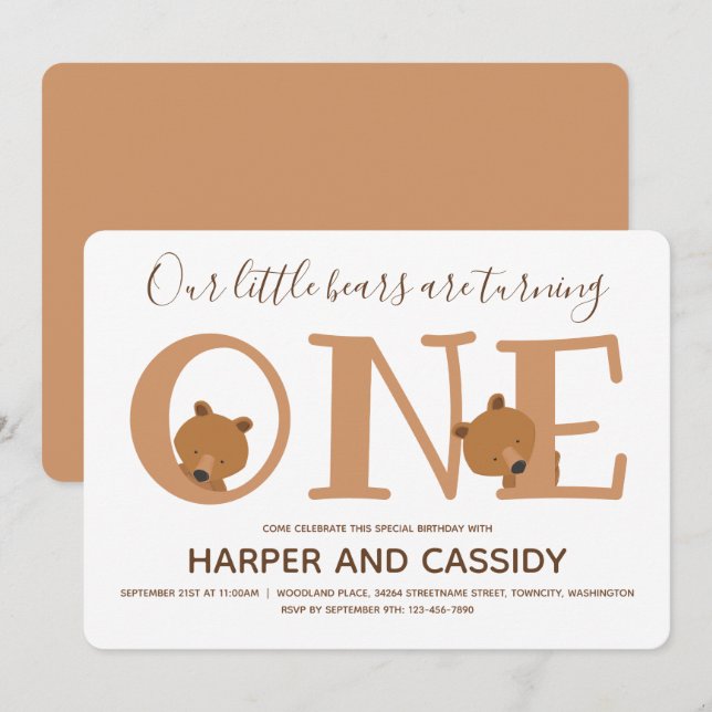 Convite Bear Gêmeos Um Animal Grito Primeiro Aniversário (Frente/Verso)