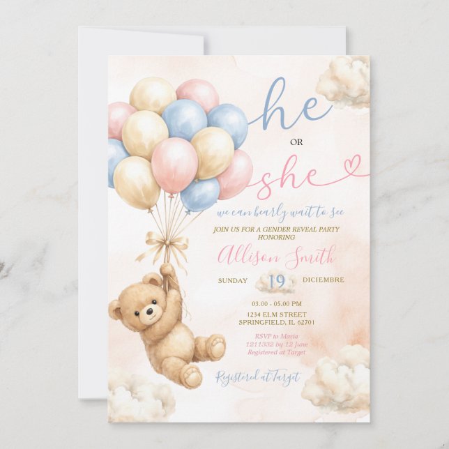 Convite Bear Gender Reveal Pink and Blue Balloon (Frente)