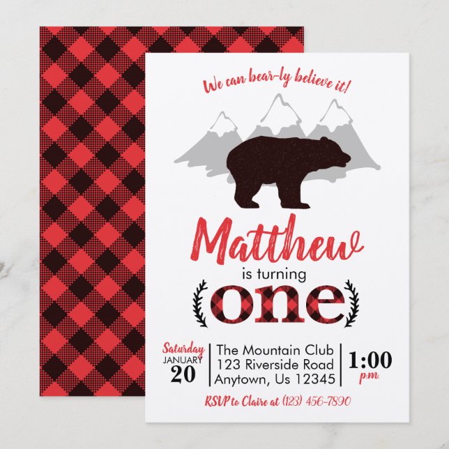 Convite Bear Lumberjack Boy Primeiro Aniversário (Frente/Verso)