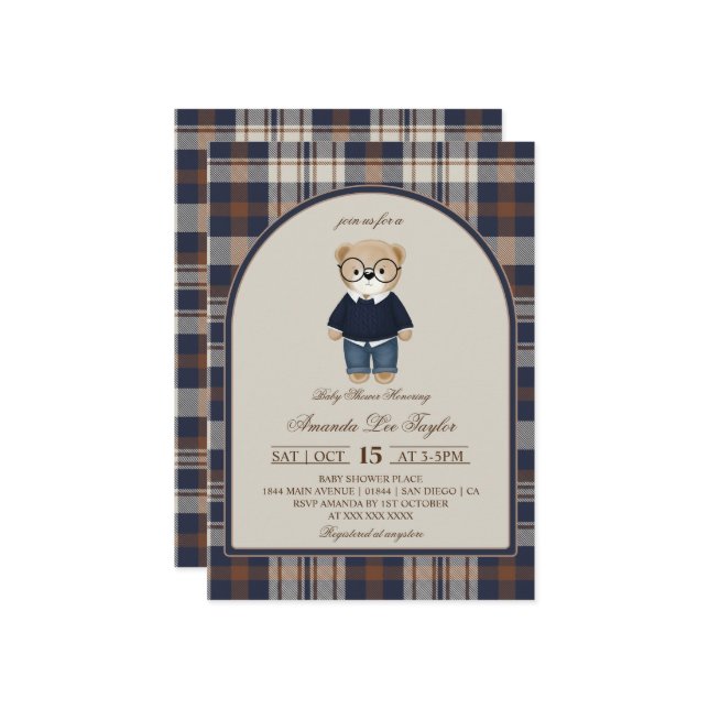 Convite Bear Luxury Plaid Boy Baby Shower (Frente/Verso In Situ)