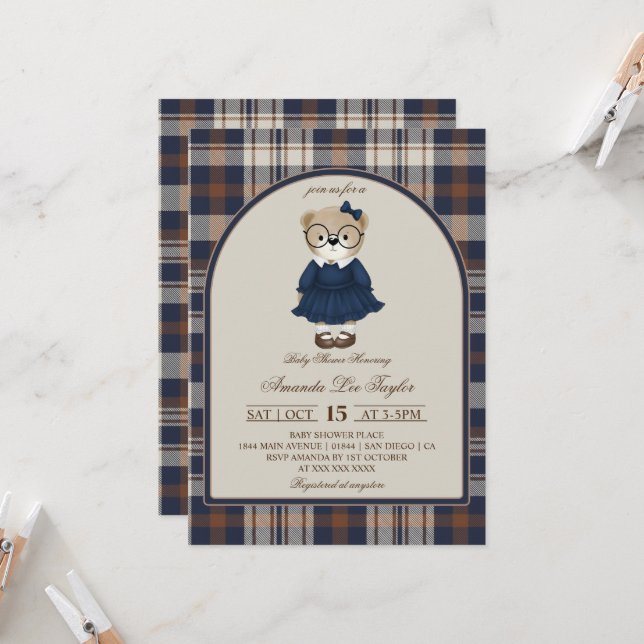 Convite Bear Luxury Plaid Girl Baby Shower (Frente/Verso In Situ)