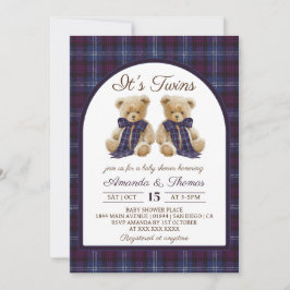 Convite Bear Luxury Tartan Twins Baby Shower