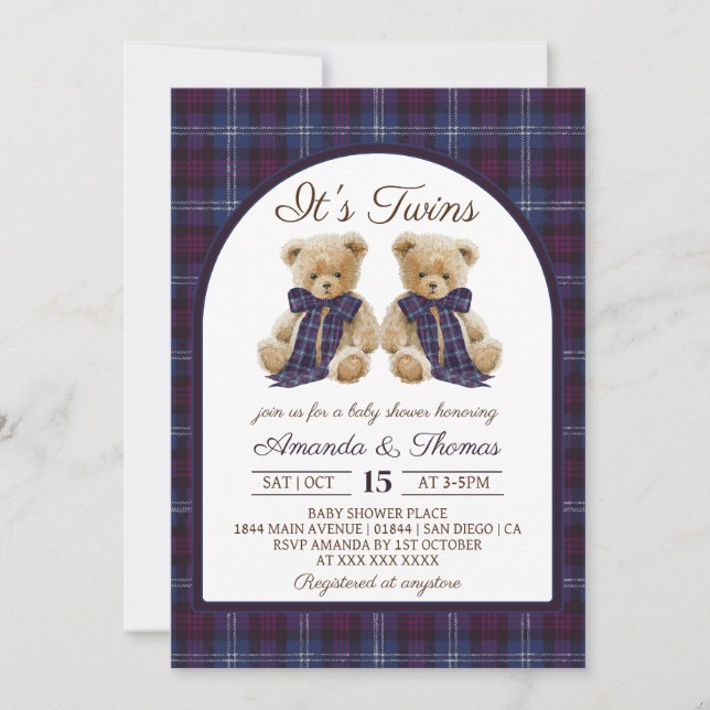 Convite Bear Luxury Tartan Twins Baby Shower (Frente)