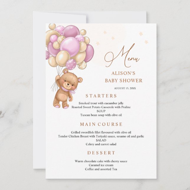 Convite Bear Pink Balloons Baby Shower Menu (Frente)