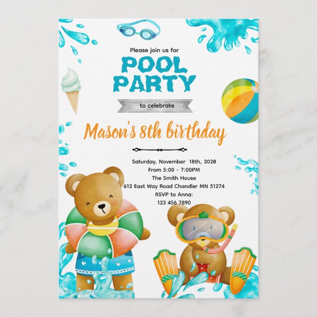 Convite Bear Pool Party Birthday Invitation (Frente)