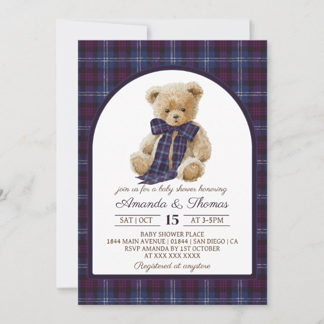 Convite Bear Preppy Tartan Gender Neutral Baby Shower (Frente)