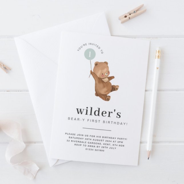 Convite Bear Primeiro Aniversário Convocando Balão Verde (Criador carregado)