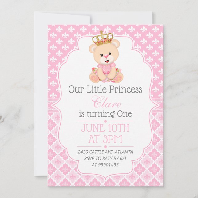 Convite Bear Princess First Birthday Invitation (Frente)