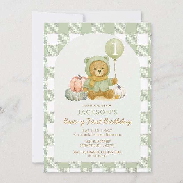Convite Bear Pumpkin Sage Green Beary Primeiro Aniversário (Frente)