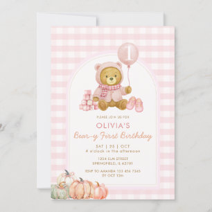 Convite Bear Pumpkin Suave Beary Rosa Primeiro Aniversário