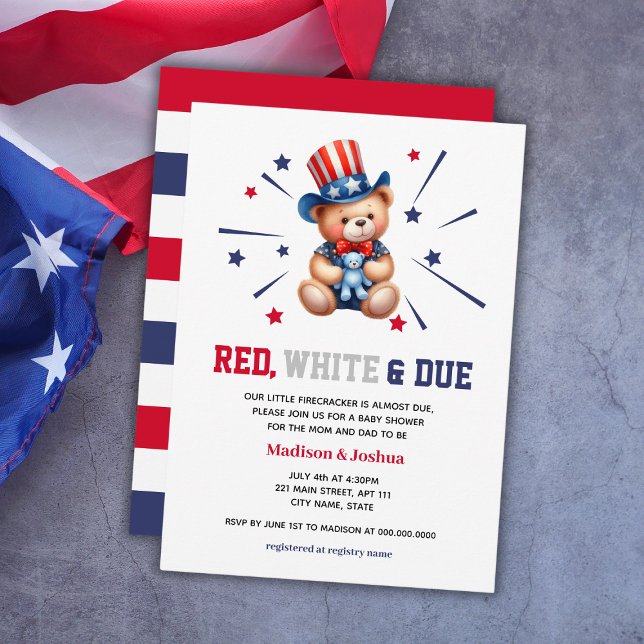 Convite Bear Red White due Boy Chá de fraldas 4 De Julho (Bear Red White Due Boy Baby Shower 4th Of July Invitation
)