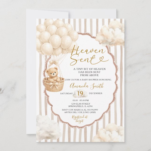 Convite Bear Stripe Beige Balloon Heaven Sent Baby Shower  (Frente)