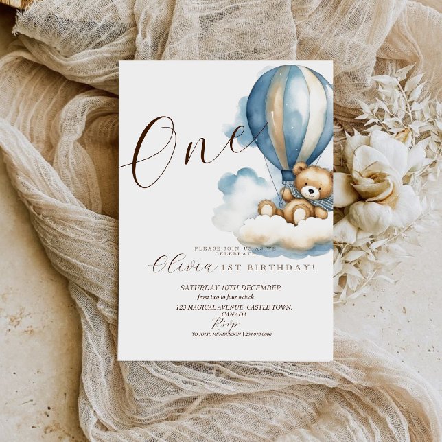 Convite Bear Watercolor Primeiro Aniversário Sexo Neutro (Criador carregado)