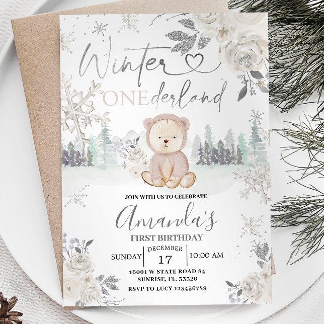 Convite Bear Winter Onederland Snowflake Floral Birthday (Criador carregado)