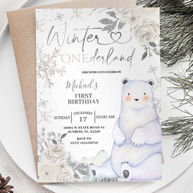Convite Bear Winter Onederland White Floral Birday (Criador carregado)