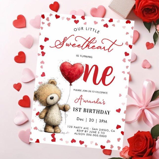 Convite Bear with balloon Valentines 1st girl Birthday (Criador carregado)
