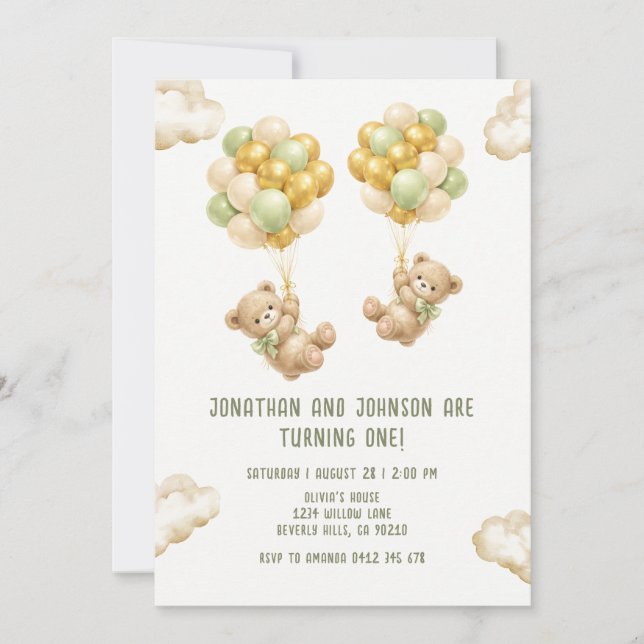 Convite Bear With Balloons Twins First Birthday Invitation (Frente)