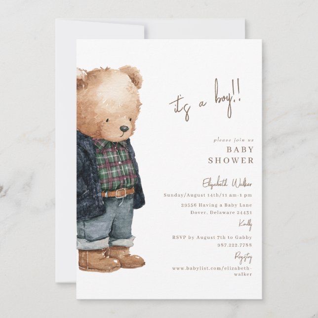 Convite Bear-y Cute Teddy Bear It's a Boy Baby Shower (Frente)