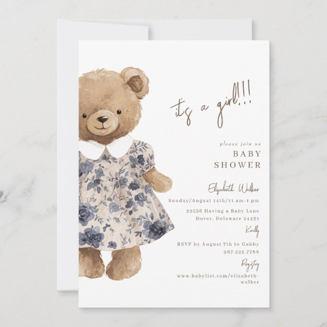 Convite Bear-y Cute Teddy Bear It's a Girl Baby Shower (Frente)